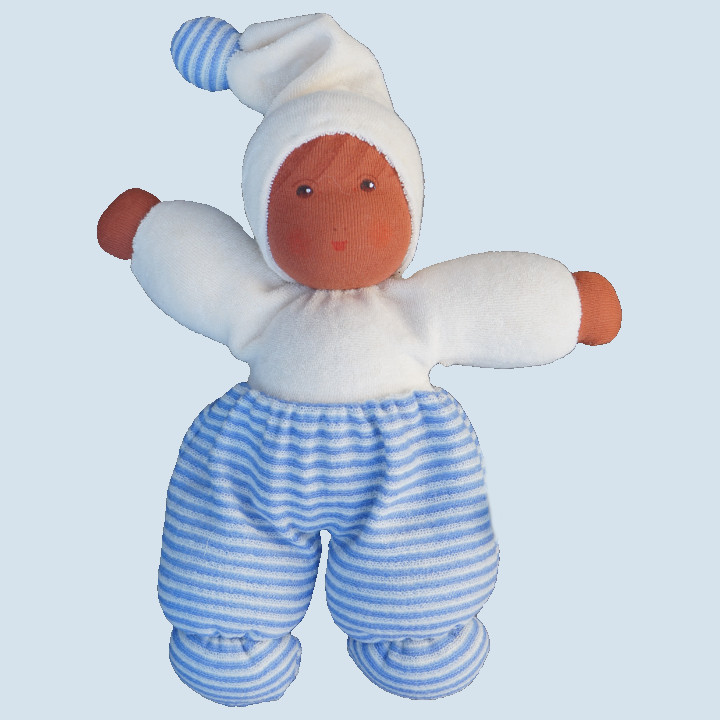 Nanchen Puppe - Möpschen - blau gestreift, Bio Baumwolle
