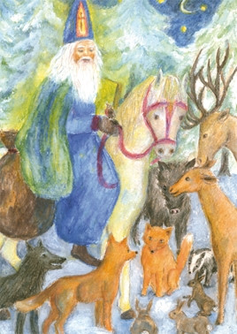 Kunstpostkarte - Nikolaus bei den Tieren