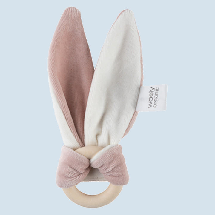 wooly organic - bunny ear with wooden teether - pink