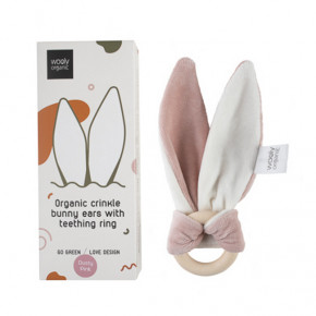 wooly organic - bunny ear with wooden teether - pink